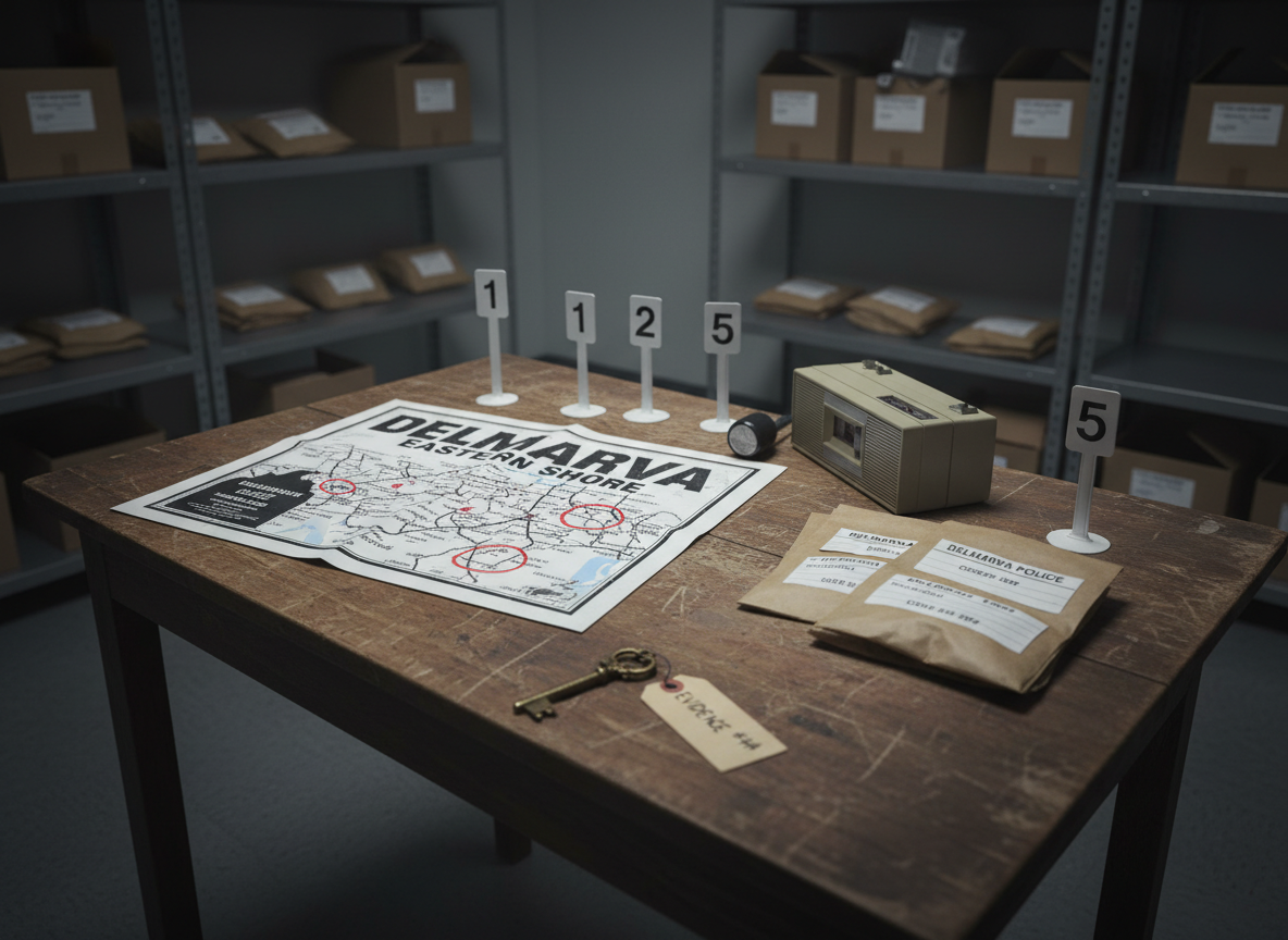 An old wooden table inside a small-town Delmarva police evidence room, its scarred surface covered with carefully arranged crime scene objects: a black-and-white map of Delaware, Maryland, and Virginia’s Eastern Shore, numbered evidence markers, an aging cassette tape recorder, sealed paper evidence bags, and a single tarnished key on a tag. Harsh overhead fluorescent lights cast stark, clinical illumination, creating hard-edged shadows and emphasizing every texture. Shelving units stacked with anonymous cardboard boxes loom out of focus in the background. Photographic realism, eye-level composition with a shallow depth of field that isolates the table and its contents. The mood is tense, methodical, and investigative, evoking the meticulous research behind a regional true crime podcast.