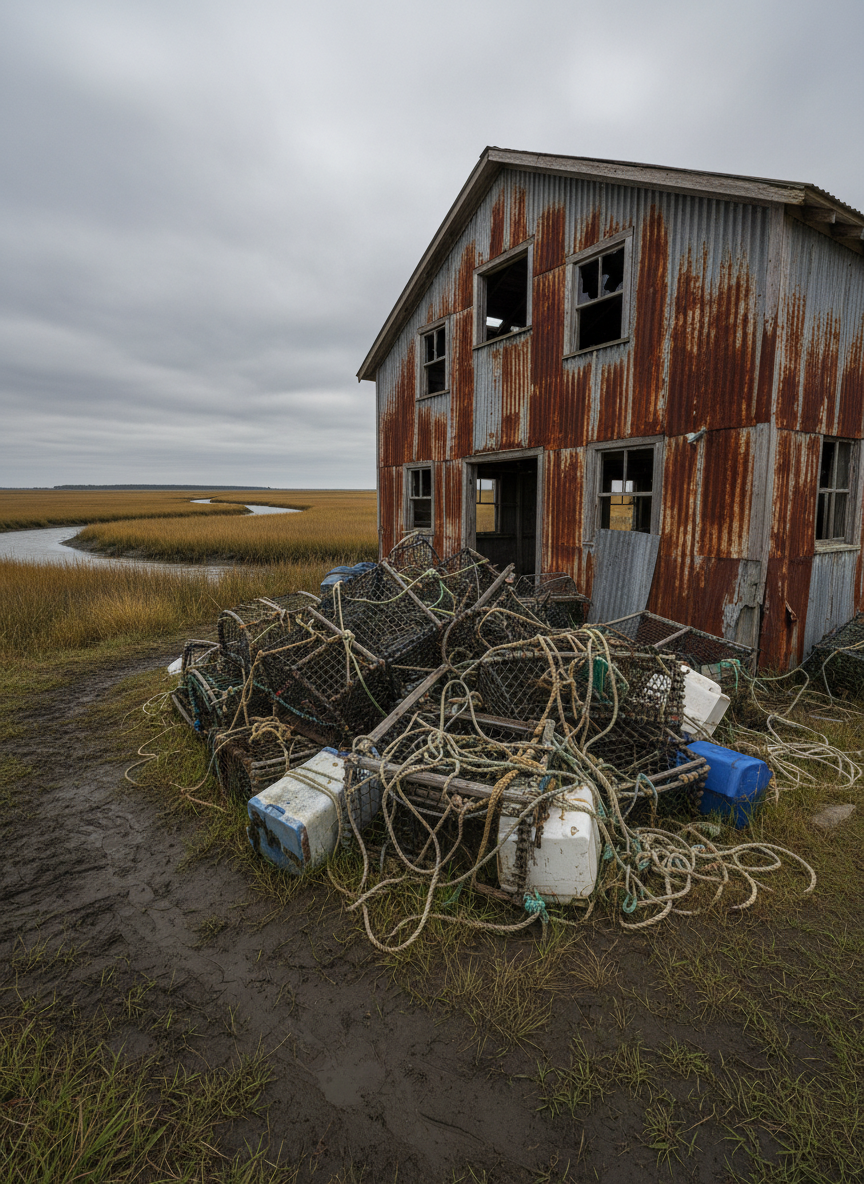 An abandoned Delmarva crab processing shed near a marsh, its corrugated metal siding rusted and peeling, with broken windows gaping like dark eye sockets. Tangled crab pots, frayed ropes, and overturned plastic tubs litter the damp, muddy ground outside. In the distance, a gray, still creek winds through the marsh grasses under a low, overcast sky. Soft, diffused daylight creates a flat, muted palette of grays, browns, and dull greens, emphasizing decay and neglect. Photographic realism, wide-angle shot from a slightly low perspective, with the shed looming in the foreground and the marsh stretching beyond. The mood is bleak and unsettling, suggesting the hidden remains of a crime long since forgotten in rural Maryland or Virginia.