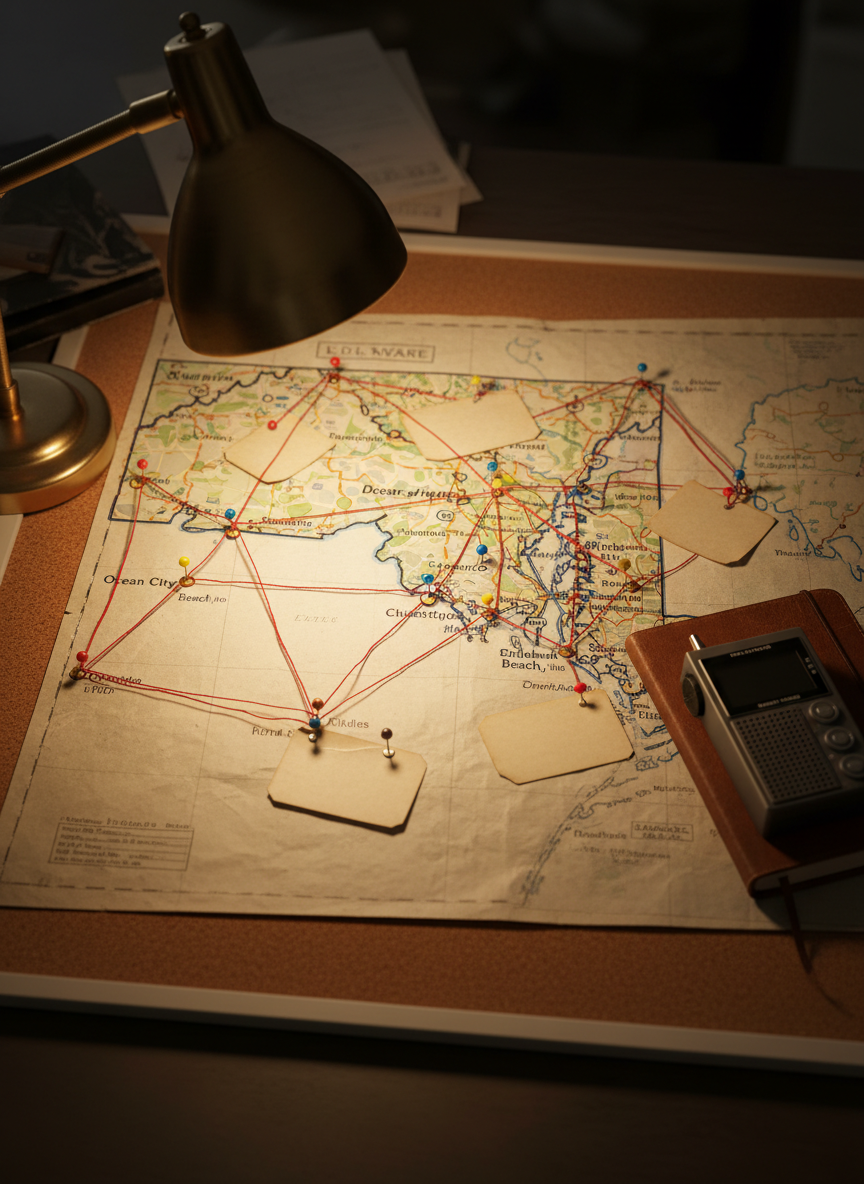 A close-up of a large, vintage paper map pinned to a corkboard, focused on the Delmarva Peninsula with Delaware, Maryland, and Virginia clearly outlined by dark marker lines. Colored pins and lengths of red thread connect small handwritten index cards (shown as blank rectangles without legible text) to different towns and remote rural spots. A worn, closed notebook and an old digital audio recorder rest on a nearby desk edge, partially in frame. A single desk lamp casts warm, directional light from the side, throwing dramatic shadows of the pins and threads across the map. Photographic realism, shot from a slightly elevated angle with shallow depth of field, creating an obsessive, investigative mood perfect for a true crime podcast war room.