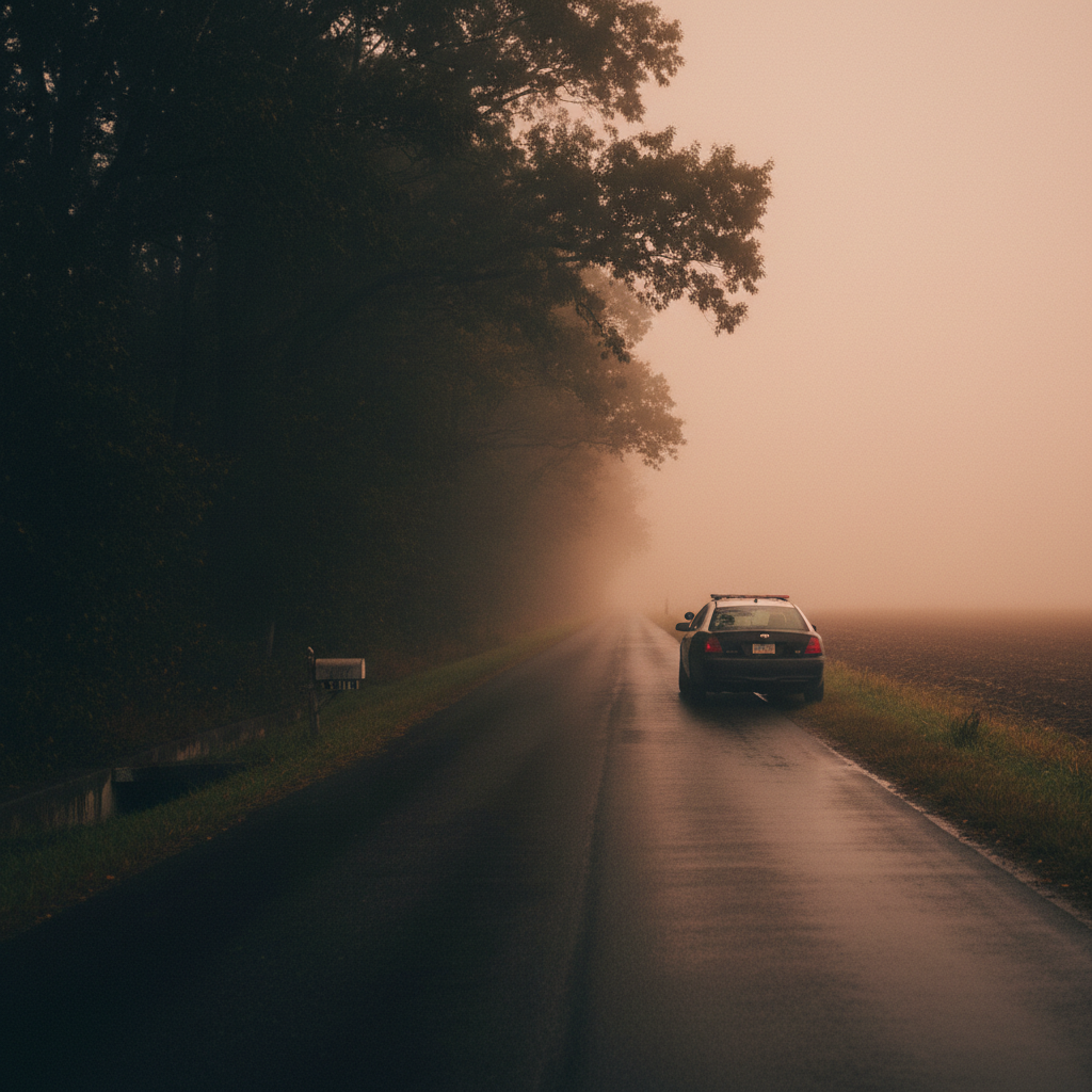 A foggy predawn scene along a narrow Delmarva back road bordered by dense trees and flat farm fields, the asphalt slick from recent rain. A solitary, parked state police cruiser is visible from the rear three-quarter angle, its blue and red light bar turned off, only the dim interior dashboard glow suggesting quiet activity inside. Orange-tinted fog from a distant farmhouse light hangs low over the road, partially obscuring a small roadside drainage ditch and leaning mailbox. Photographic realism, shot at eye level with the road leading the viewer’s eye into the misty distance. The atmosphere is heavy, tense, and expectant, evoking an active crime scene in the making somewhere in Delaware, Maryland, or Virginia’s Eastern Shore.