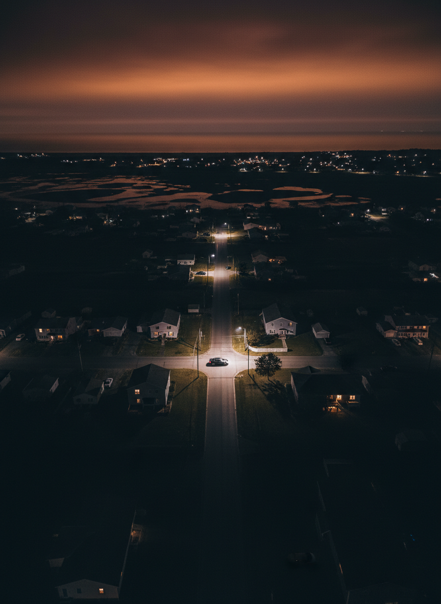 A nighttime aerial view of a small Delmarva coastal town, showing a grid of dimly lit streets weaving between modest houses, marshlands, and a distant, dark shoreline. A single intersection glows brighter than the rest under cold white streetlights, with one stopped car and its interior light faintly visible through the windshield. The surrounding homes are mostly dark, with only a few isolated windows illuminated. A low, heavy cloud cover reflects a subtle orange haze from scattered town lights. Photographic realism from a high, slightly tilted drone perspective, with sharp detail in the highlighted intersection and a soft falloff into shadow. The atmosphere is eerie and secretive, hinting at a crime that unfolded when most of Delmarva slept.